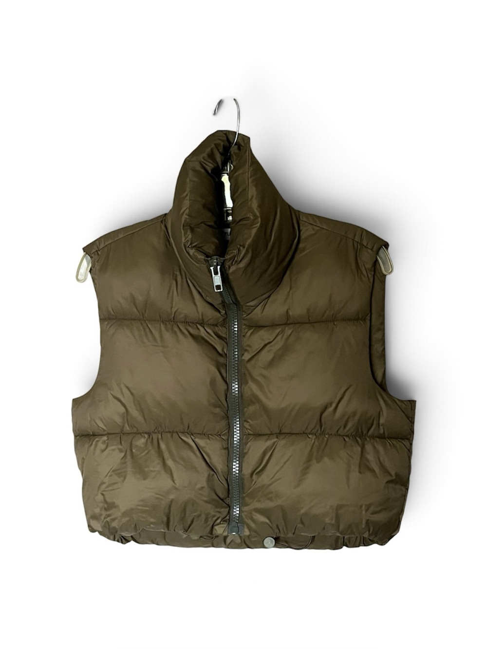 Fuinloth Army Green Cropped Zip Front Puffer Vest with Stand Collar Size Small